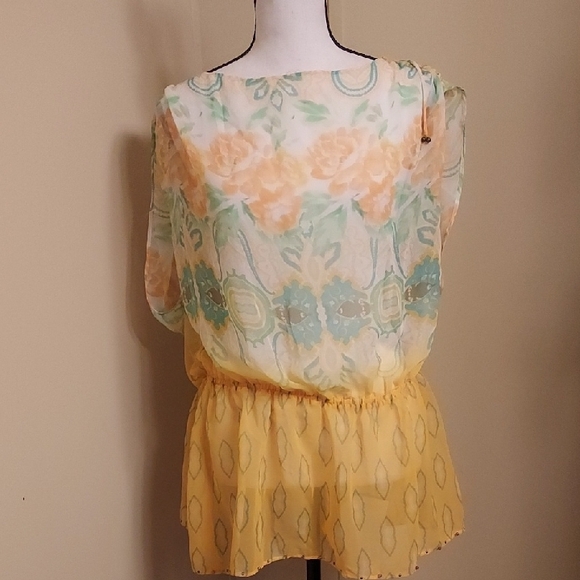 Free People Ruffled Tiered Blouse in Orange and Blue - Picture 1 of 4